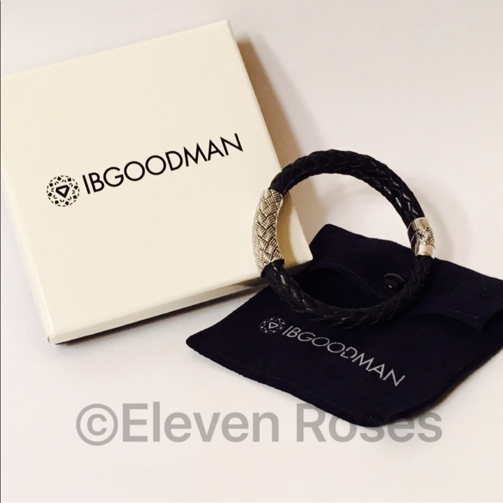 Sterling Silver Woven Black Leather Bracelet - Picture 6 of 8